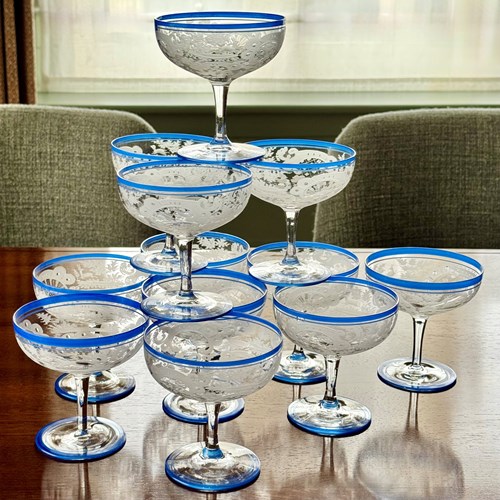 12 Art Deco Bohemian Etched Champagne Coupes With Blue Enamel Rims