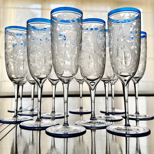 12 Art Deco Etched Champagne Flutes With Blue Enamel Rims