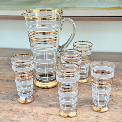 Gold Plated Ringed Cocktail Jug & Tumblers Set C1950