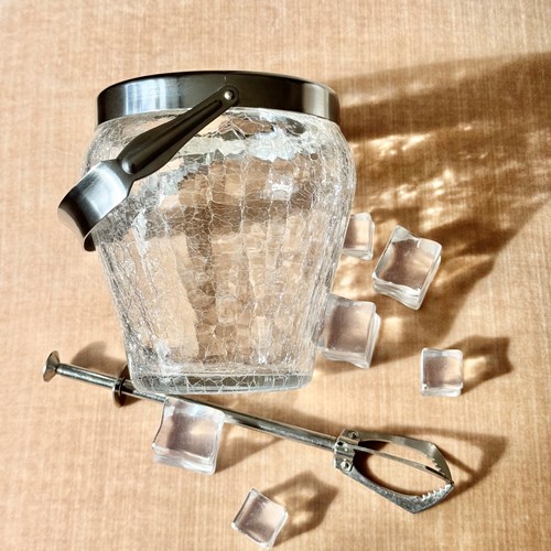 Vintage German Crackle Glass Ice Bucket & Ice Tongs C1960