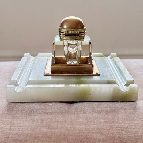 Onyx, Brass & Crystal Partner’S Ink Well Pen Tray C1900