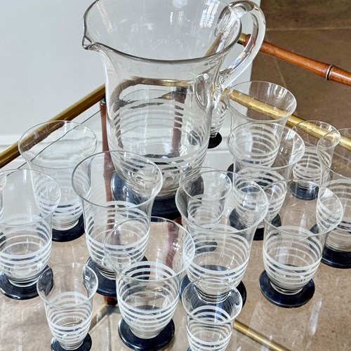 Art Deco Etched Cocktail Jug & Tumblers With Black Bases