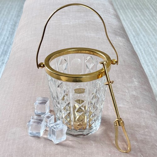 Val Saint Lambert Crystal & Gold Plated Ice Bucket & Ice Grab Tongs