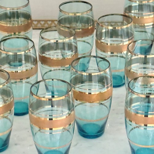 12 Bohemian Gold & Blue Glass Cocktail Tumblers C1950