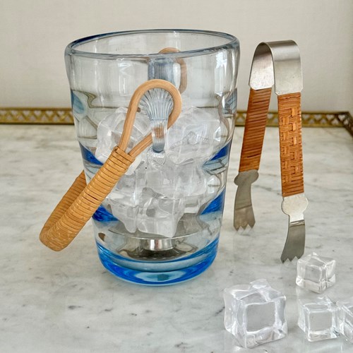 Blue Glass & Rattan Ice Bucket & Ice Tongs By Holmgaard