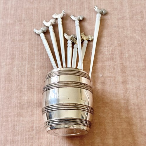 Antique Mother Of Pearl & Silver Cockerel Cocktail Sticks & Barrel Stand