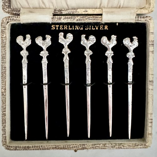 Unusual Silver Cockerel Cocktail Sticks Hallmark 1927