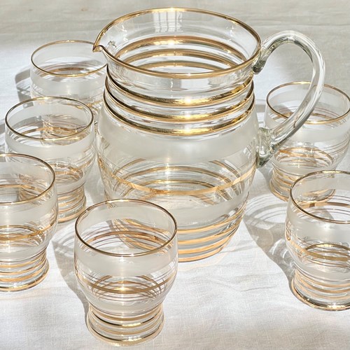 Gold Plated Ringed Lemonade Jug & Tumblers Set C1950