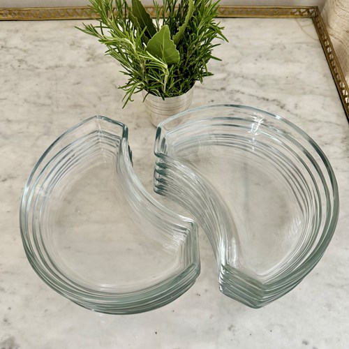 11 Art Deco Clear Glass Crescent Side Plates C1930