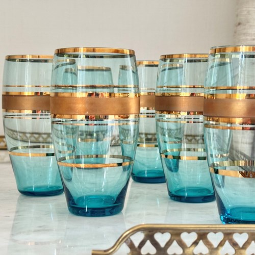 Bohemian Gold & Blue Glass Cocktail Tumblers C1950