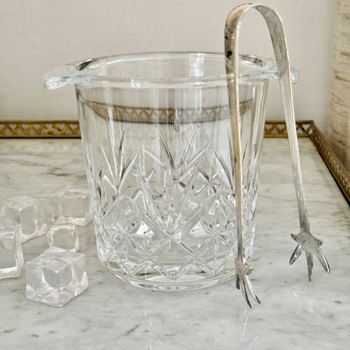 Classic English Cut Glass Ice Bucket & Claw Ice Tongs C1950