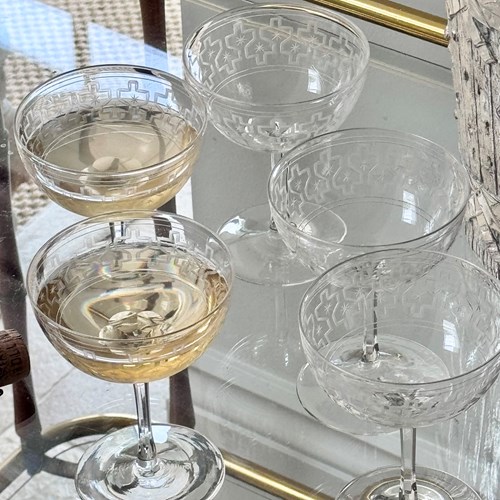 Outstanding Art Deco Star Etched Champagne Coupes C1920