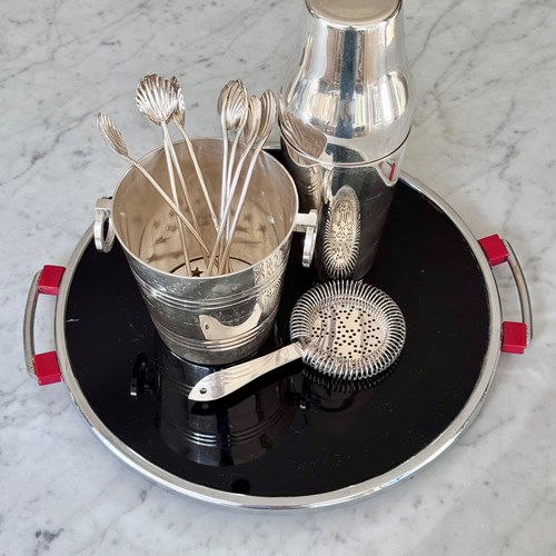 Art Deco Black Glass, Red Bakelite & Chrome Cocktail Tray
