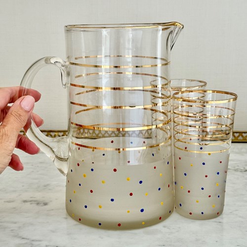 Large Polka Dot & Gold Enamelled Glass Jug & Tumblers C1950