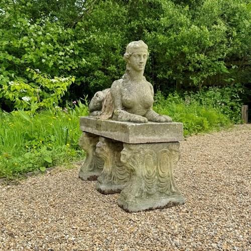 Large Patinated Sphinx Figure On Lion Supports