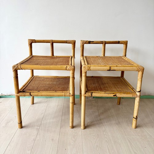 Pair Vintage Rattan & Bamboo Bedside Tables