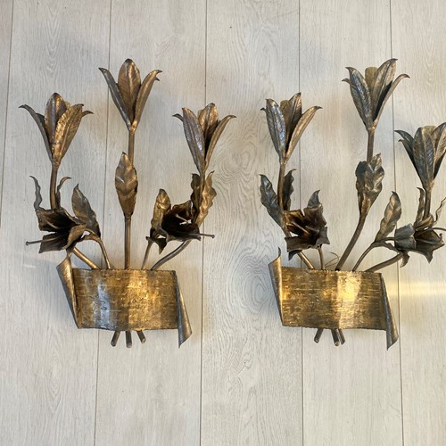 Pair Mid Century Gilt Metal Lily Spanish Sconces