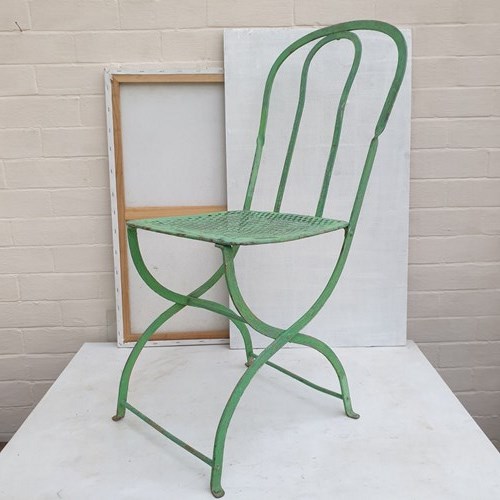 French Garden Chair Circa 1920, With Faded Green Paint