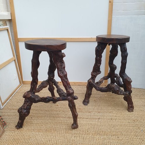 French Organic, Freeform, Primitive Vine Wood Pair Of Stools.