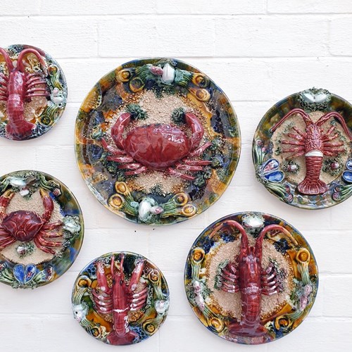 Antique Portugese Palissy Style Lobster Crab Wall Plates