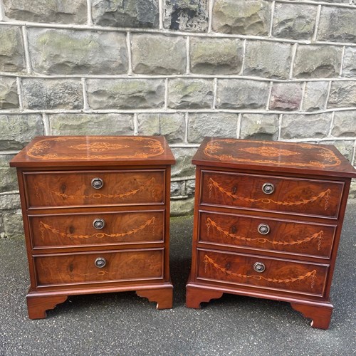 Pair Of Inlaid Walnut 3 Drawer Bedside Chest Of Drawers