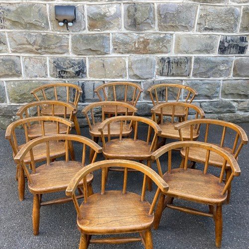Antique Set 12 Children's Elm & Beech Nursery Chairs