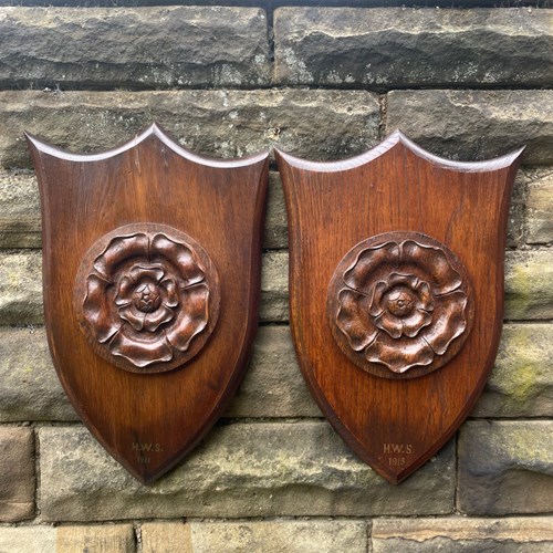Pair Antique Oak Heraldic Shield Rosette Carvings
