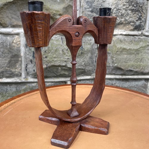 Unusual Adzed Oak Candle Stick Manner Robert Mouseman Thompson