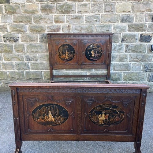 Antique Oak & Chinoiserie Decorated Double Bed
