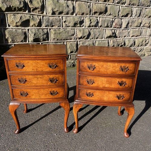 Pair Antique Burr Walnut 3 Draw Bedside Tables Bedside Chest