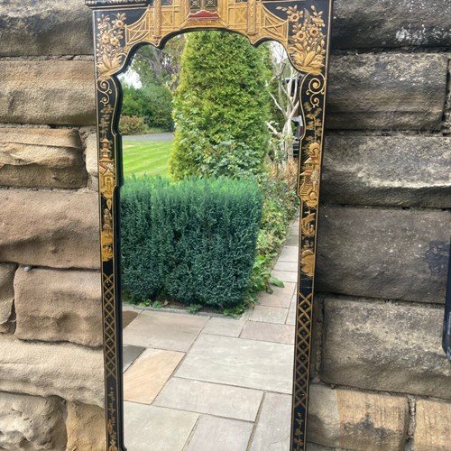 Antique Black Lacquer & Chinoiserie Wall Mirror