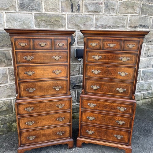 Pair Quality Inlaid Burr Walnut Chest On Chest Tallboy