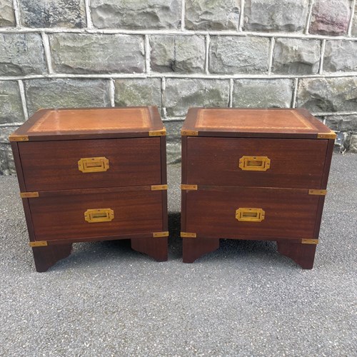 Pair Military Style Brass Bound Mahogany 2 Draw Bedside Chest Draws