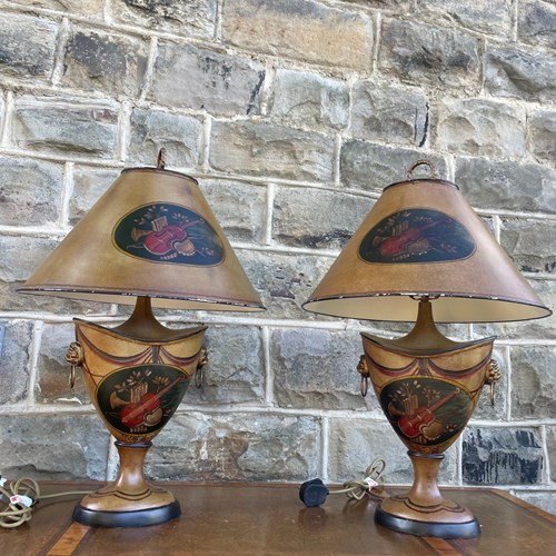 Decorative Pair Of Painted Urn Shaped Table Lamps