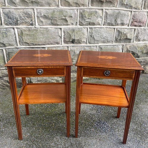Pair Inlaid Mahogany Single Draw Bedside Tables