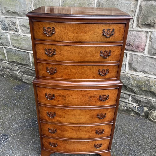 Antique Slim Burr Walnut Chest Of Drawers Tallboy Chest On Chest