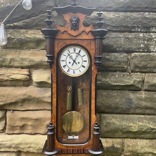 Antique Burr Walnut Double Weight Vienna Wall Clock