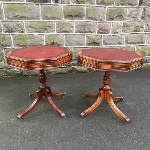 Quality Pair Walnut Leather Topped Drum Tables