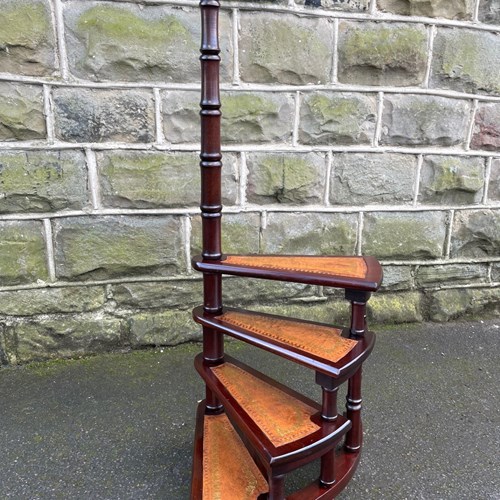 Quality Mahogany & Leather Spiral Library Steps