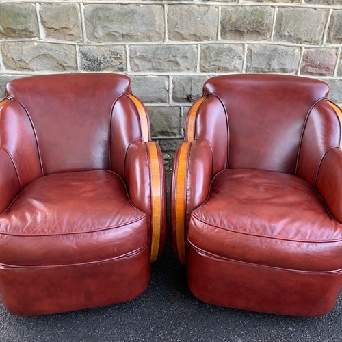 Pair Art Deco Walnut & Leather Cloud Club Chairs