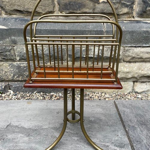 Antique Brass & Walnut Revolving Magazine Rack