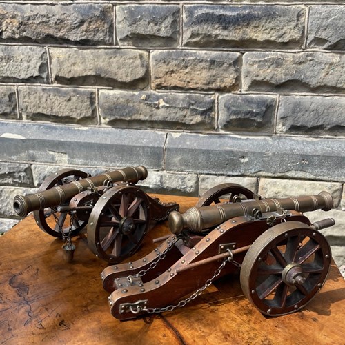 Pair Antique Oak & Brass Scratch Built Cannons