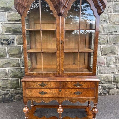 Antique Burr Walnut Glazed Display Cabinet On Stand Bookcase