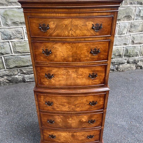 Antique Slim Burr Walnut Chest On Chest Tallboy