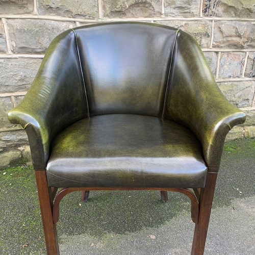 Quality Pair Green Leather Tub Armchairs