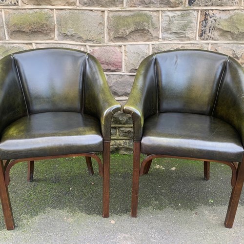 Pair Green Leather Tub Armchairs