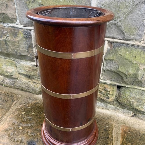 Antique Brass Bound Mahogany Cylindrical Umbrella Stand