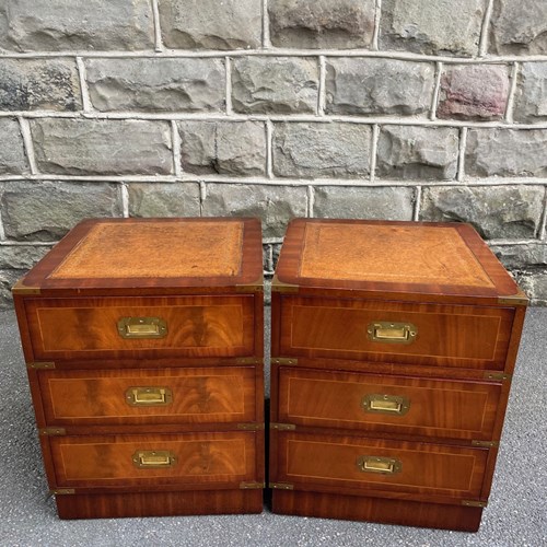 Pair Of Brass Bound Mahogany Military Campaign Style Bedside Chest Drawers