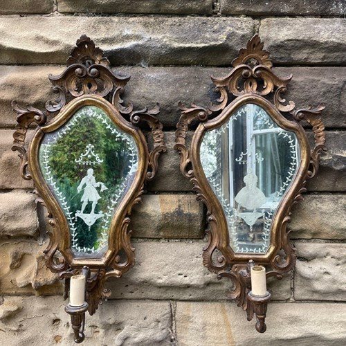 Pair Antique Gilt Wood Mirrored Wall Lights