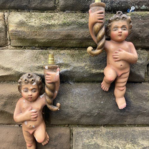 Pair Antique Carved Wood & Polychrome Painted Cherub Wall Lights
